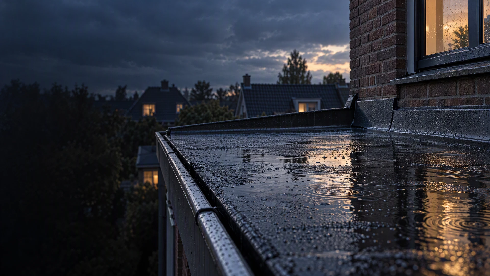 Sfeerbeeld van regen op een donker dak
